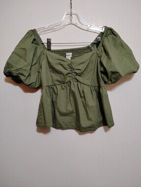 JOPRA Olive Bell-Puff-Sleeve Off-Shoulder Peplum Green Top 100% Cotton S